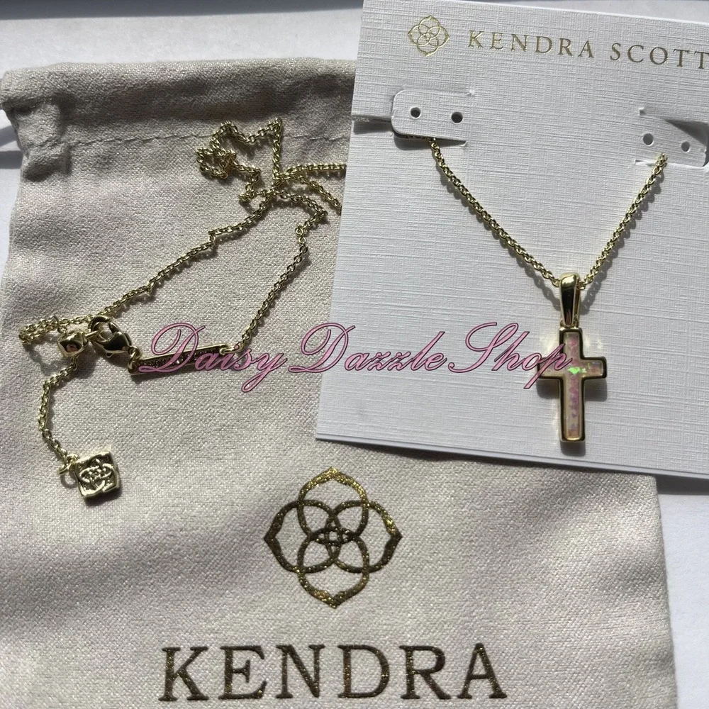 ✨Kendra Scott Cross Gold Pendant Necklace in White‎ Kyocera Opal New ✨🕊️